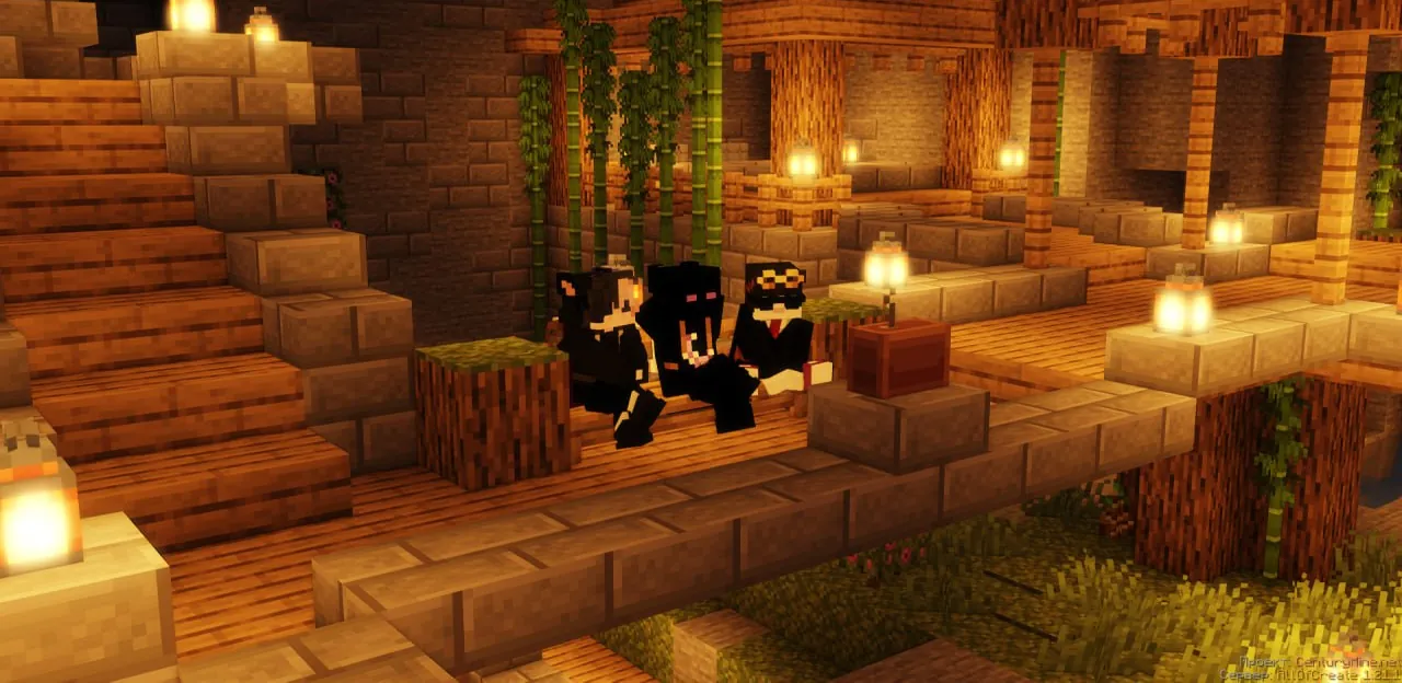 Игроки сидят вместе благодаря анимациям Emotecraft на сервере AllOfCreate